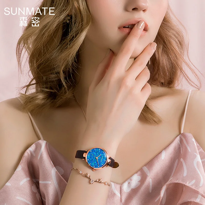 SUNMATE New Starry Sky Leather Strap Women's Casual Watch Women's Rhinestone Dress Watch Color Quartz Watch,Comes with Watch Box