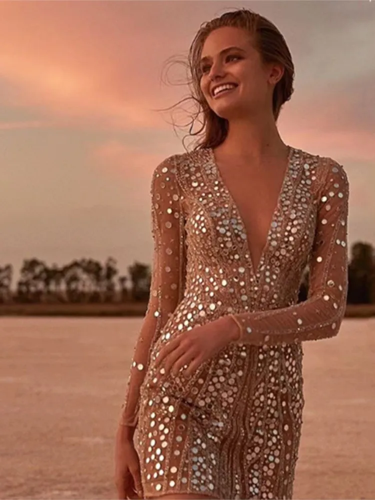2025 feminino profundo decote em v lantejoulas mini vestido moda elegante vestidos de noite temperamento ver através de renda manga longa vestidos