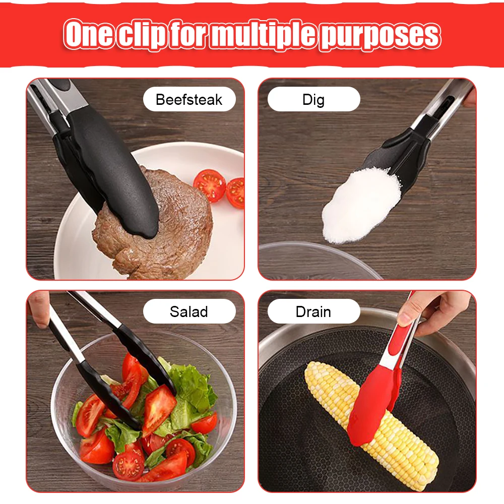 Stainless Steel Grilling Tong Kitchen Cooking Salad Bread Silicone BBQ Serving Tong Non-Stick Barbecue Clip Clamp Tools Gadgets