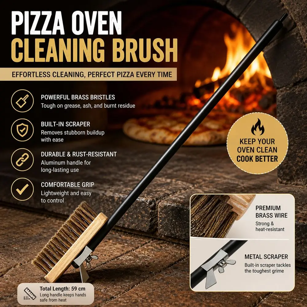 Copper Wire Pizza Oven Cleaning Brush Aluminum Alloy Handle Scraper Edge Oven Grill Cleaning Brush Long Handle