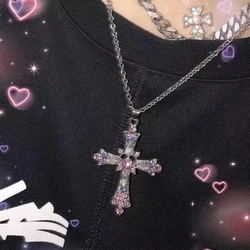 Kpop Y2K silver Color Cubic Zircon Cross Necklace for Women Teen Goth Grunge Sweet Cool Clavicle Chain Pendant Necklace Jewelry