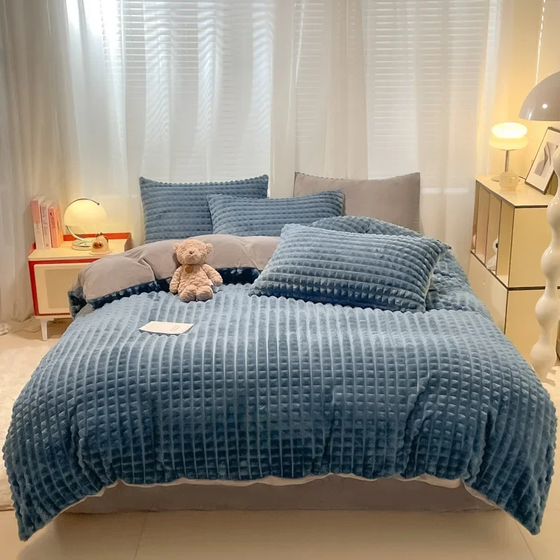 4Pcs Set Thickened Waffle Style Bedding Set Skin-friendly Fast Warm‑Up Bedroom Bedding Supplies Cold Protection Warmth Bed-linen