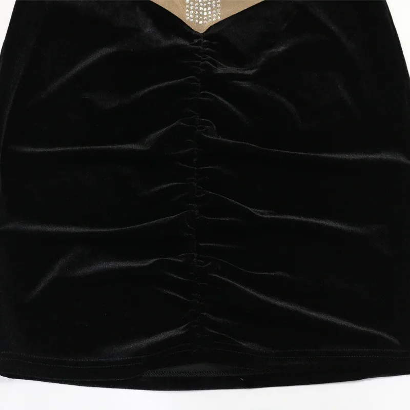 KEXU Damen Hot Diamond Sexy Sheer Mesh Splicing Velvet Wrap Hip Short Dress Night Party Club Kleid