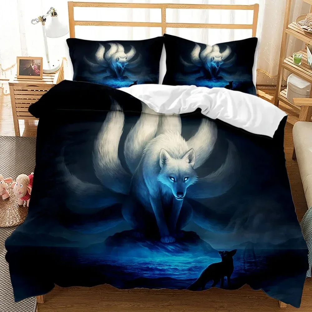 Wolf Bedding Sets,3D Galaxy Wolf Blue Moonlight Queen Full Twin King Size 3 Pieces Duvet Cover,Teens Quilt Cover Comforter Cover