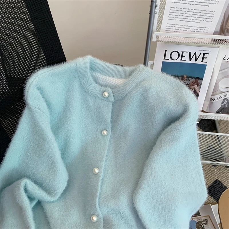 Women Faux Mink Velvet Knitted Cardigan Soft Fluffy Loose Fit O Neck Pearl Button Single Breasted Sweater For Autumn Winter
