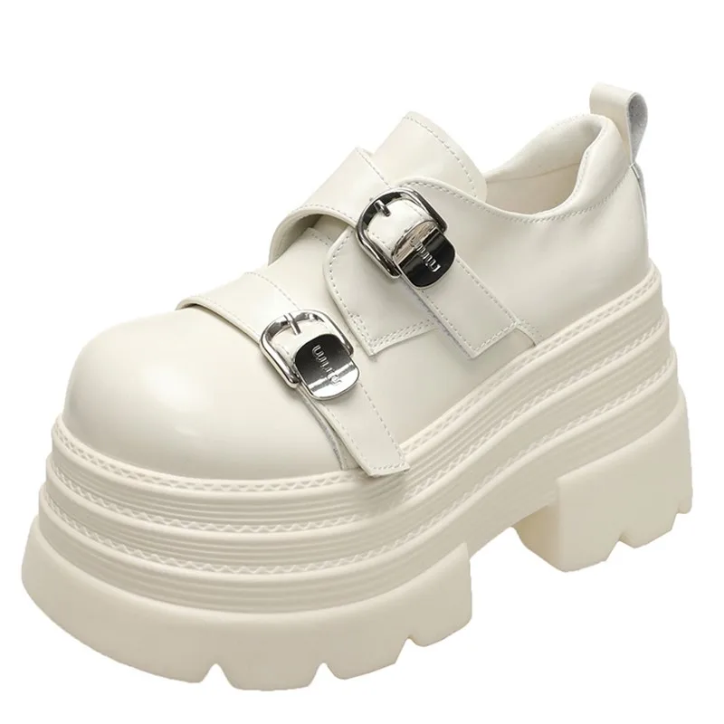 

10CM Heels Women Leather Loafers Fad Designer Belt Buckle Lady Mary Jane Shoe Retro British Thick Sole Casual Shoe Zapatos Mujer
