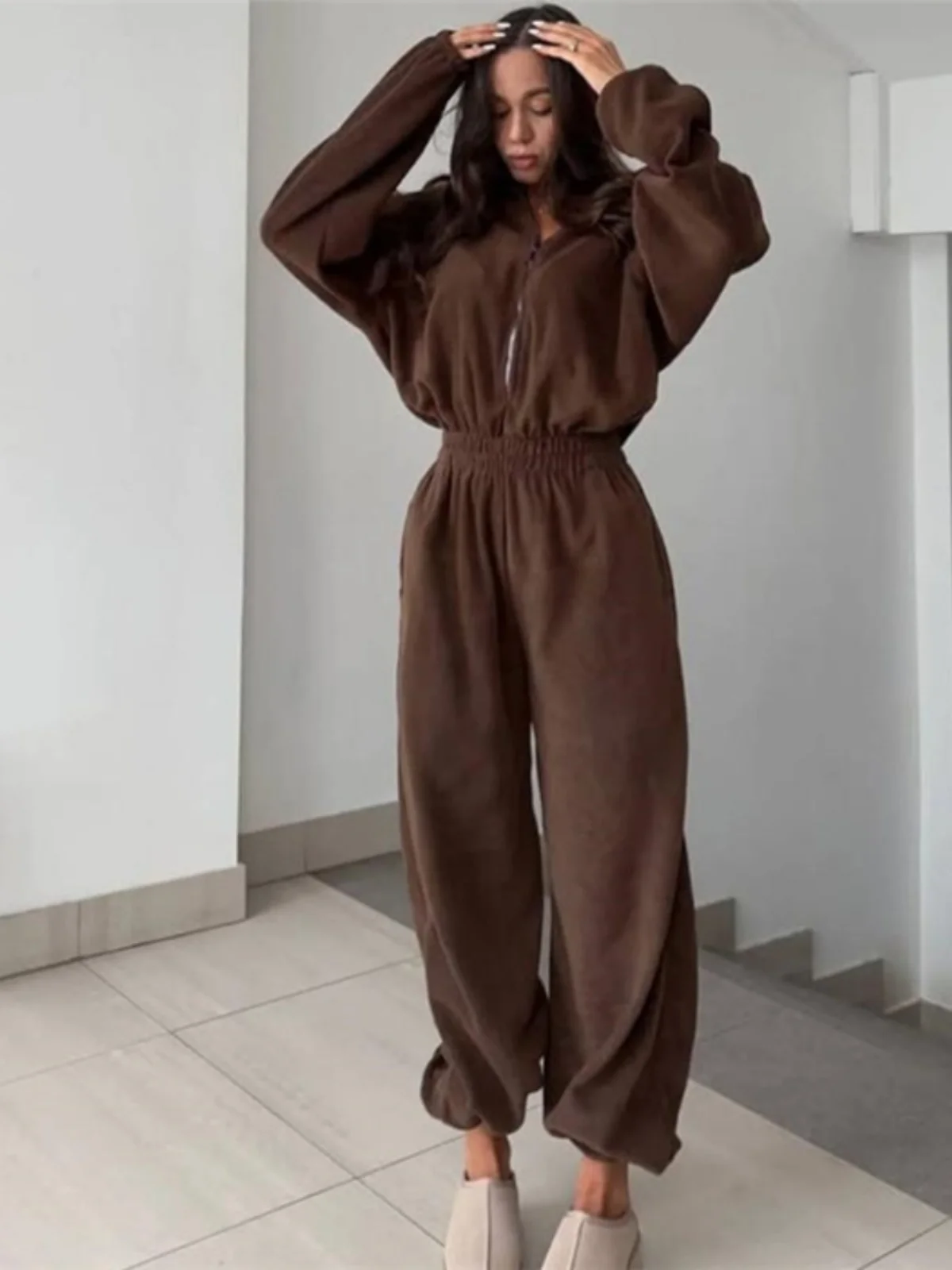 

Fashionable Casual Long Sleeve Hoodie Jumpsuit Women's Set Long Pants Zipper Design Comfortable Spring Autumn Winter Outfit