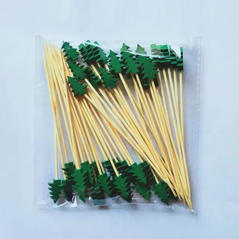 50Pcs Disposable Christmas Bamboo Sticks Creative Santa Claus Xmas Tree Decor Fruit Toothpicks for Cake Dessert Salad Party