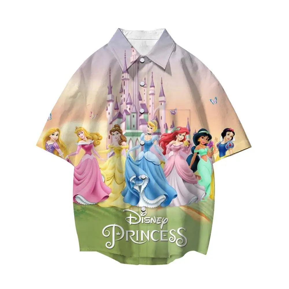 

Disney Snow White Princess Boys Girls 3D Shirts Cartoon Lapel Short Sleeve Casual Button Loose Shirt Men Women Street Tops