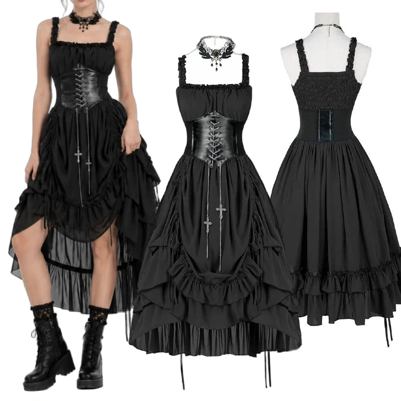 Vestido Gótico para Mujer, Estilo Corsé, Negro, Punk, Lolita, con Volantes Irregulares, Midi, Vintage, para Fiesta, Noche, Disfraz de Halloween