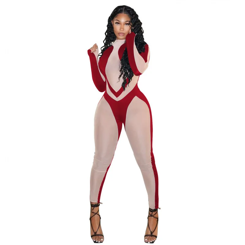 จั๊มสูทขายาวผ้าสปอร์ตแบบต่อผ้าสไตล์ยุโรปและอเมริกาสำหรับผู้หญิง รุ่นใหม่ปี 2025 AL163 เหมาะสำหรับงานปาร์ตี้กลางคืน  รัดรูป เซ็กซี่ สวมใส่ในช่วงฤดูร้อน