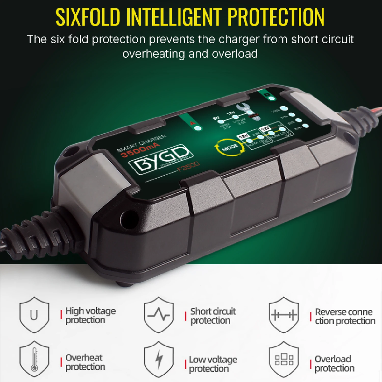 F3500 3.5A 6V/12V Smart Battery Charger With Repair Function Automatic Maintainer For Car Motorcycle Boat Lawn Mower Camera