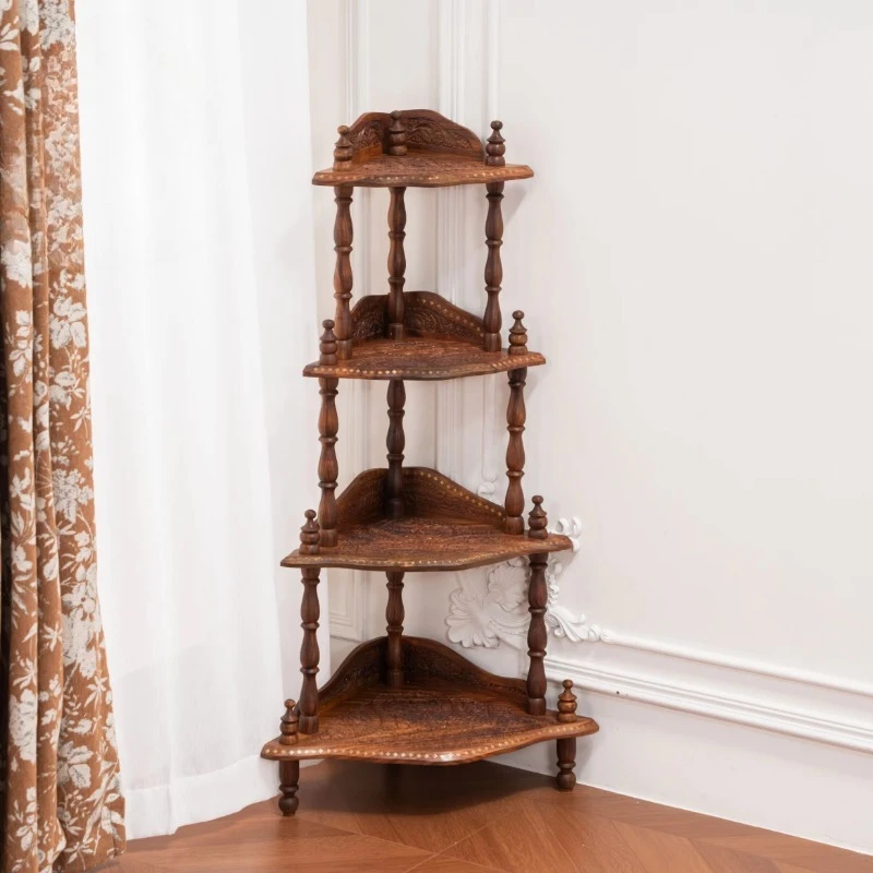 Hand carved solid wood four-layer corner rack retro display rack
