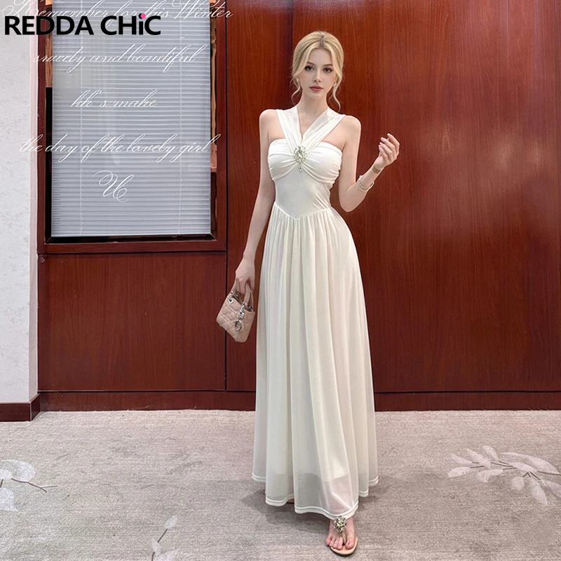 

REDDACHiC Two-Way White Party Dress Summer Wedding Mesh Corset Shirred One-shoulder Maxi Dress Elegant Bridesmaid Women Clothes