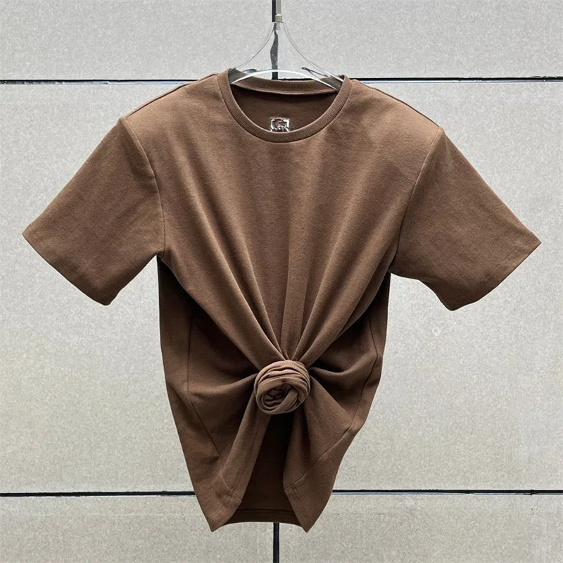 Dames T-shirt 2025, zomer nieuwe schouder gewatteerde slim fit korte mouwen top puur katoen ronde hals trui y2k Crop top korset