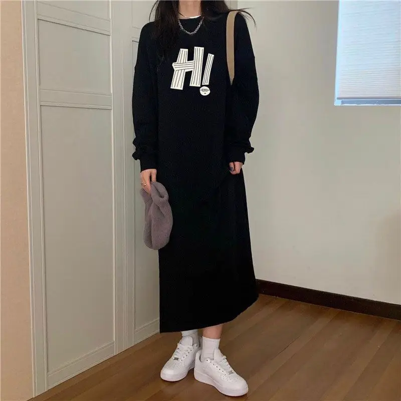 

Korean Fashion Autumn Winter Long Knee Length Dress Women's Round Neck Printed Letters Patchwork Loose Fleece Thick Warm Dresses