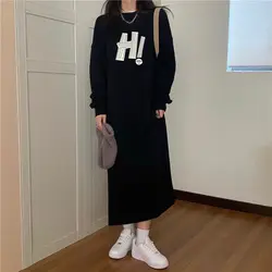 Korean Fashion Autumn Winter Long Knee Length Dress Women's Round Neck Printed Letters Patchwork Loose Fleece Thick Warm Dresses