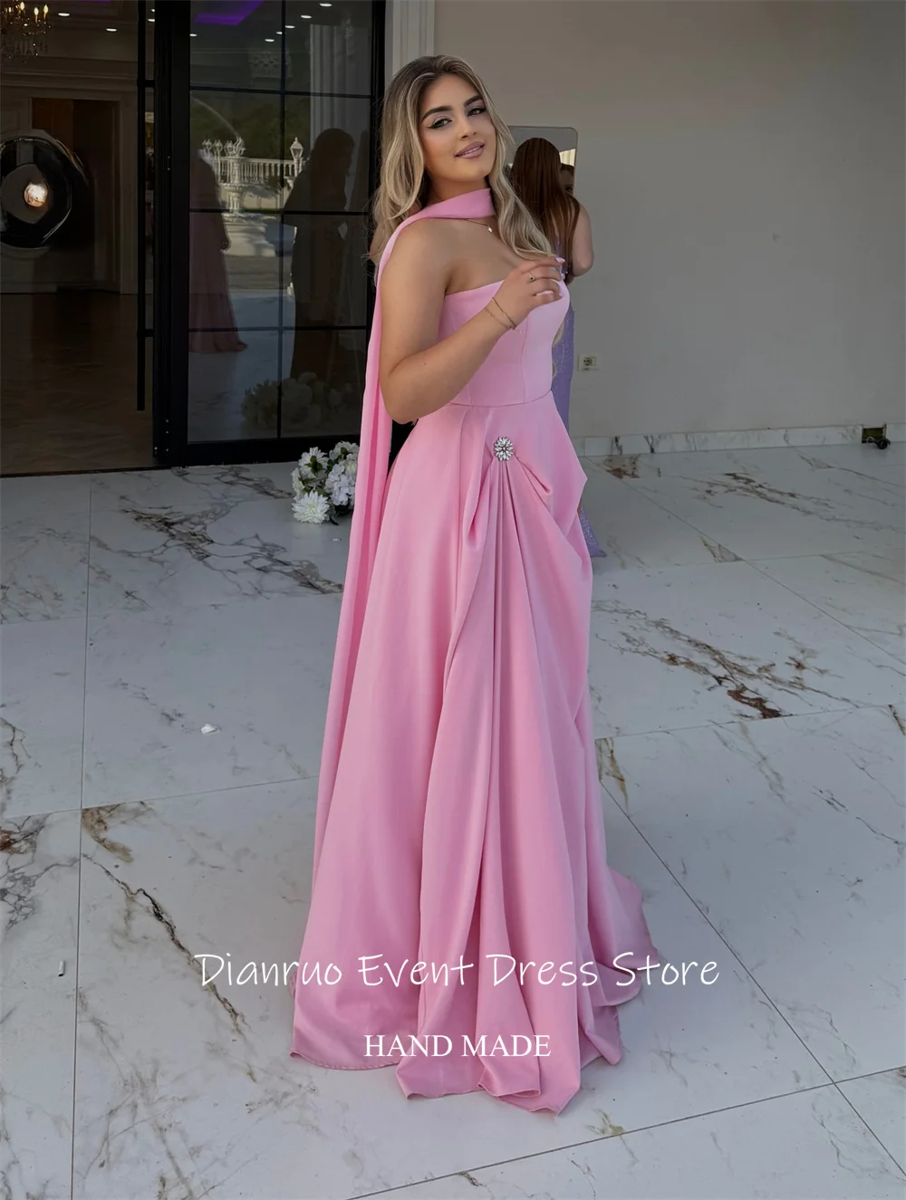 Dianruo – robe De soirée trapèze en Satin, longueur au sol, sans bretelles, robes d'invitées De mariage, rubans chics, personnalisée