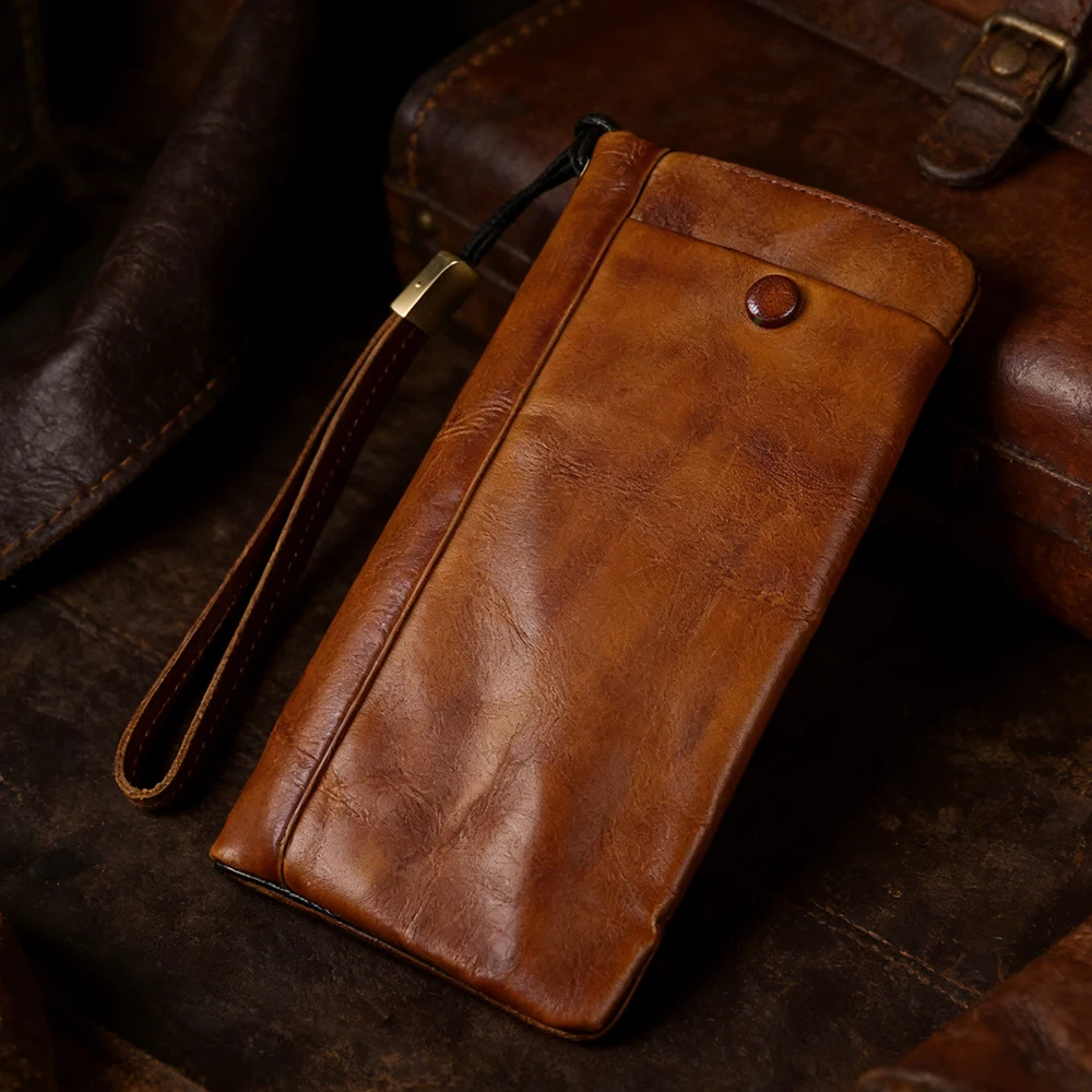 Genuine Leather Handmade Men Long Wallet Phone Pocket Zipper Multi-functional Retro Card Bag Big Capacity Male Handbag Purse