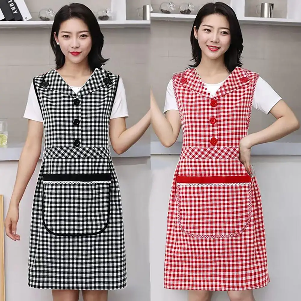 Cooking Apron Tie Back Design Plaid Large Pocket Kitchen Apron Lapel 5 Buckles Oil-proof Cotton And Linen Overalls for Kitchen