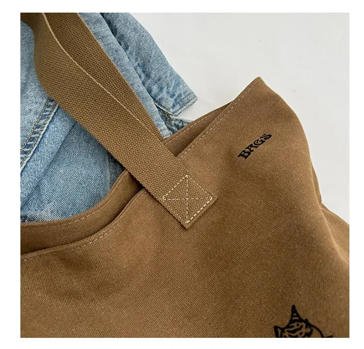 Geräumige Anime-Katzen-Canvas-Tragetasche für Damen mit Schriftzug-Druck, lässige Schultertasche für den Alltag, tragbare Handtasche für Mädchen – Detail 4