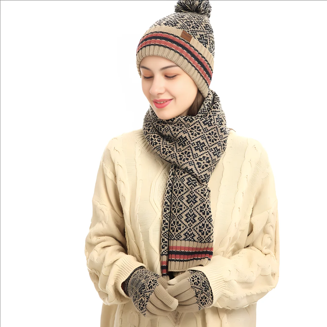 Winter clothes knitted fur glove casual hat and scarf set 2024