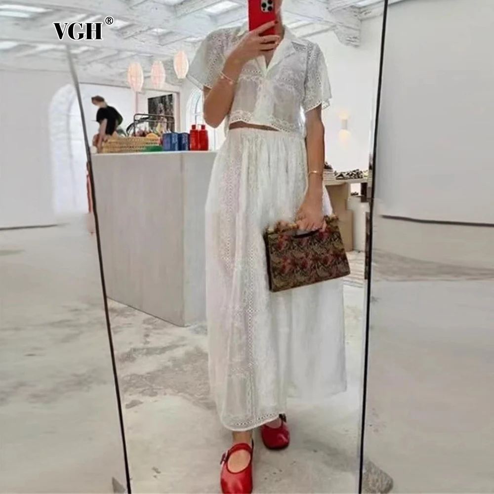 

VGH Elegant Solid Slimming Skirts Sets For Women Lapel Short Sleeve Spliced Pocket Top High Waist Skirt Hollow Out Set Female