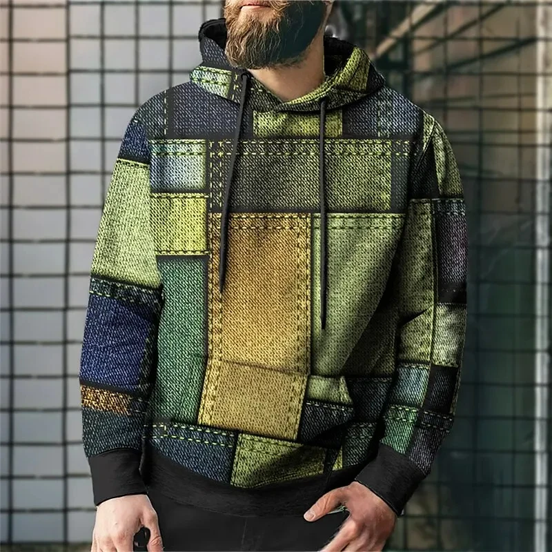 Stitching Plaid Print 3D Funny Men's Hoodie SimulationHooded Sweatshirts Men Clothing Oversized Street New Designer Pullovers