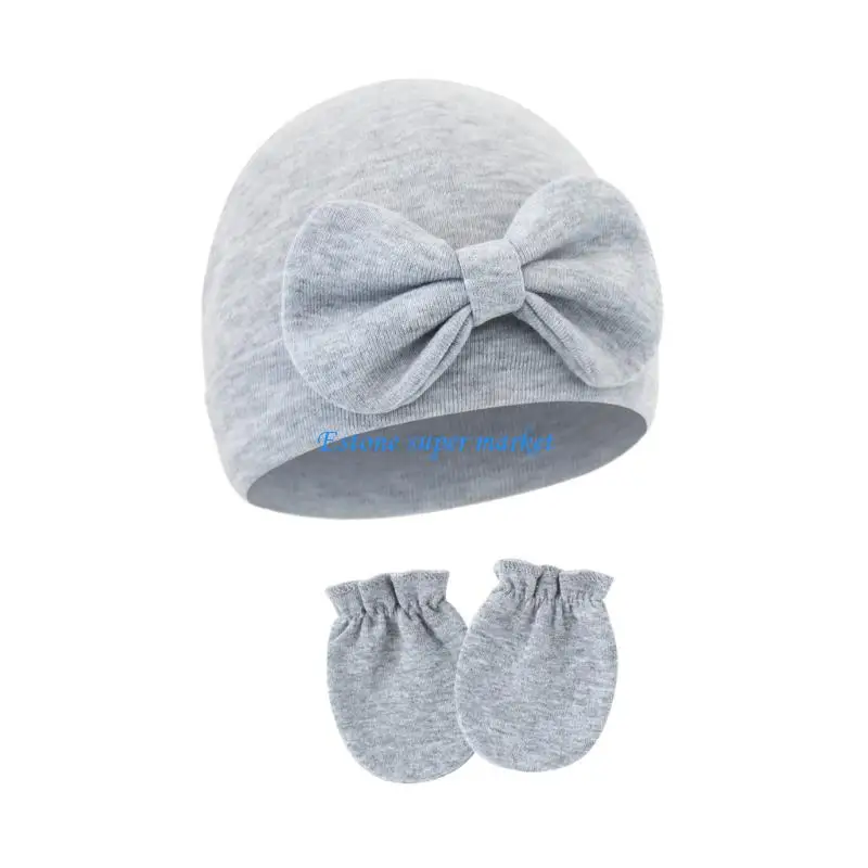 

090B Baby Hat Newborns Headwear Hospital Hat Sweet Bowknot Decoration with Gloves