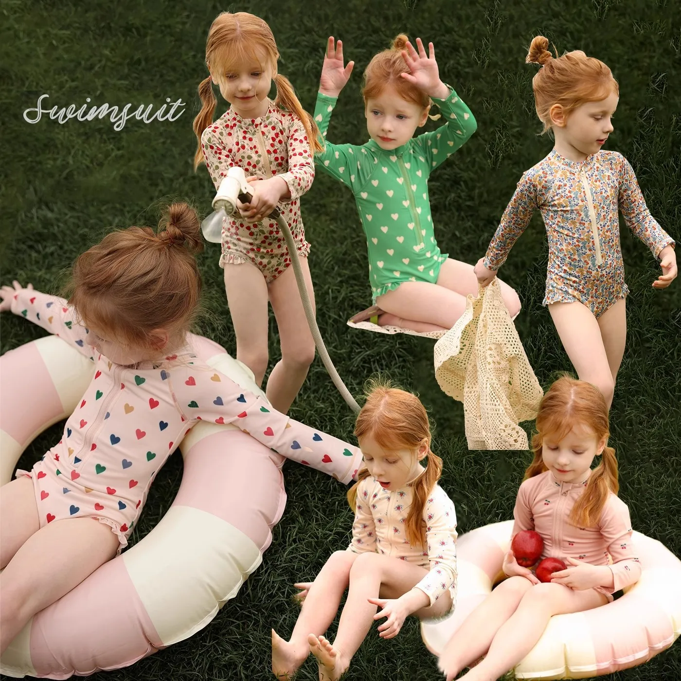New Girls' Temperament One-piece Swimsuit Summer Clothes, Children's Floral Sunscreen Quick Drying Long Sleeved Swimsuit
