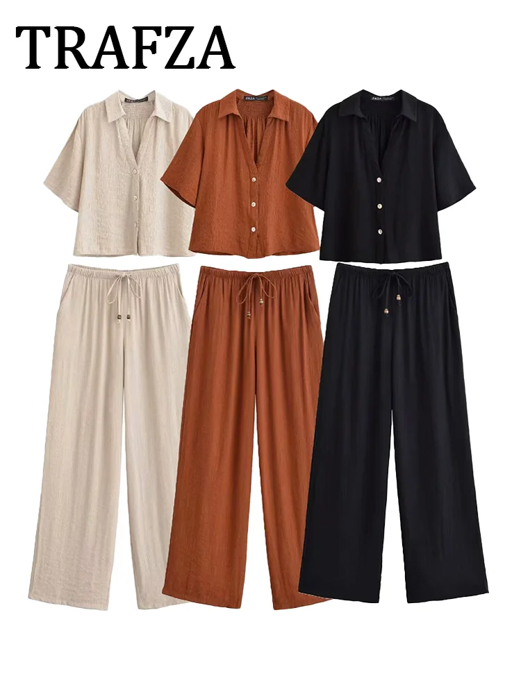 

TRAFZA Women's Matching Sets Lapel Short Sleeves Shirt+Wide Leg Pants 2 Pices Outfit 2025 New Summer Solid Lady Fit Casual Suit