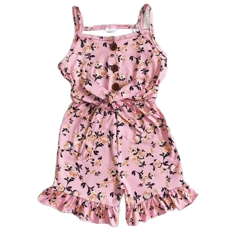 

2022 Jumpsuits RTS Baby Girls Summer Pink Strap Infant One Piece Wholesale Kids Boutique Rompers Toddler Floral Infant Clothing