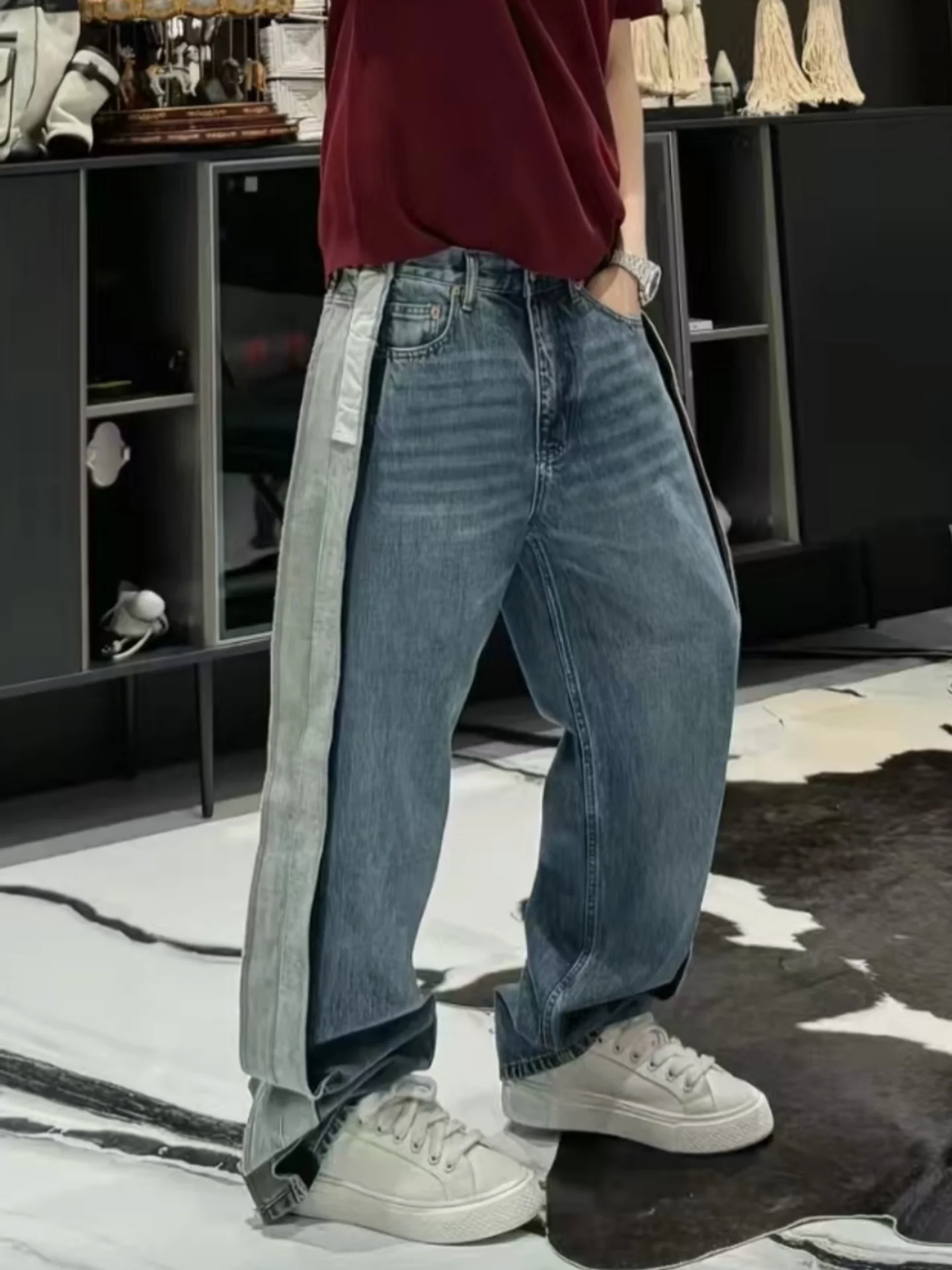 

Trendy Splice Design Lightweight Luxury Men's Jeans Casual Straight Leg Jeans Spring New Arrival Fashionable Brand