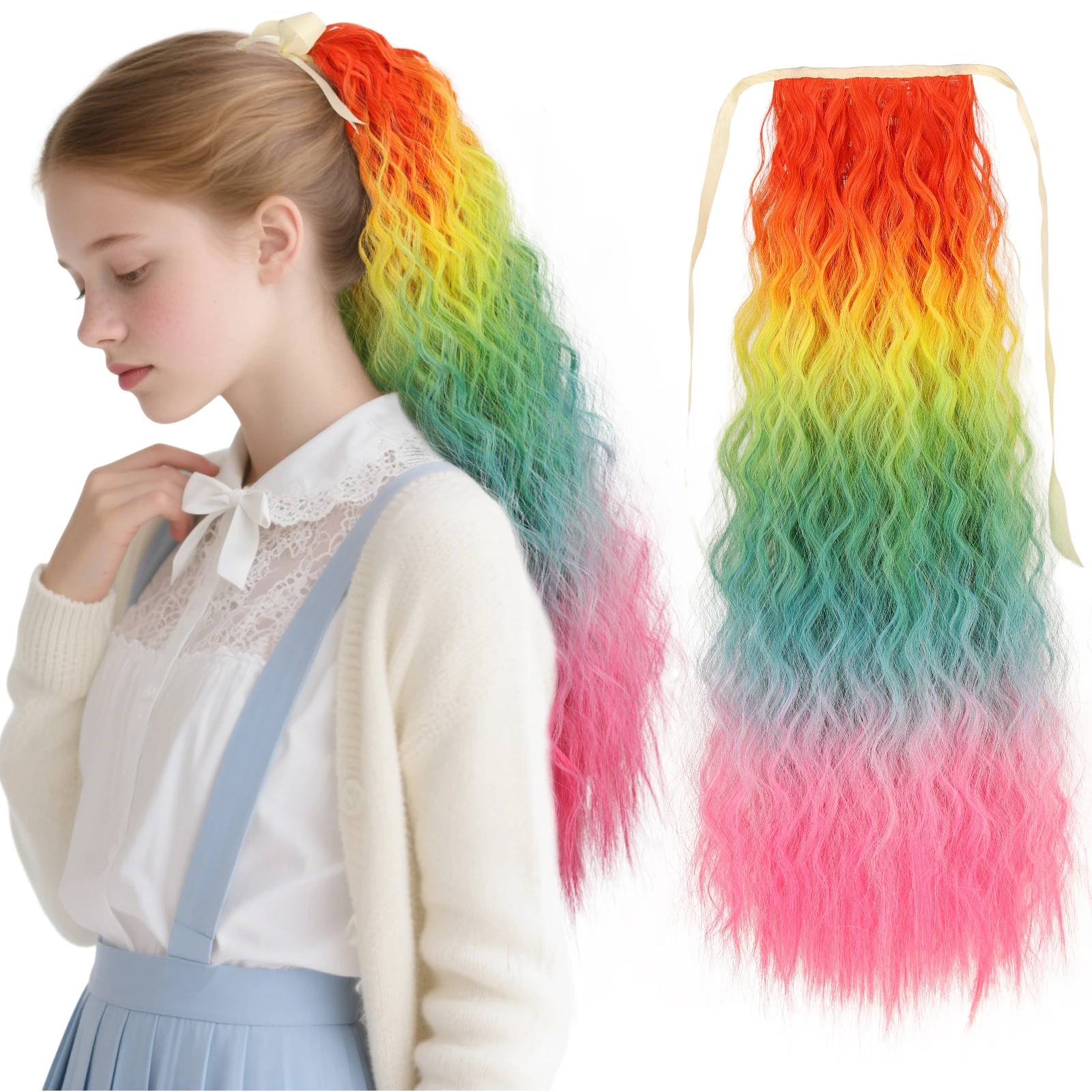 

Цвет омбре, синтетические кукурузные вьющиеся волосы, хвостики, косплей, шиньон, наращивание хвоста на шнурке, красный, синий, розовый, 24 дюйма для женщин