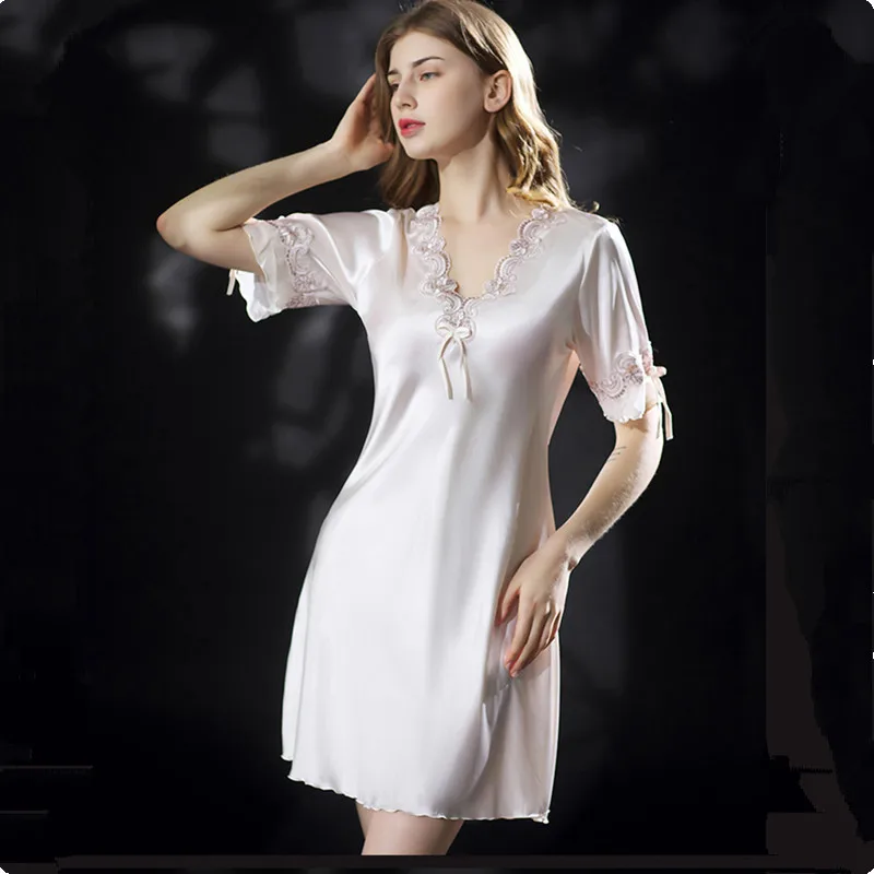 UHYTGF New Sexy Nightdress Womens Short Sleeve Lace Stitching Ice Silk Dress Female Thin Home Clothes V-Neck Pajamas Ladies 2656