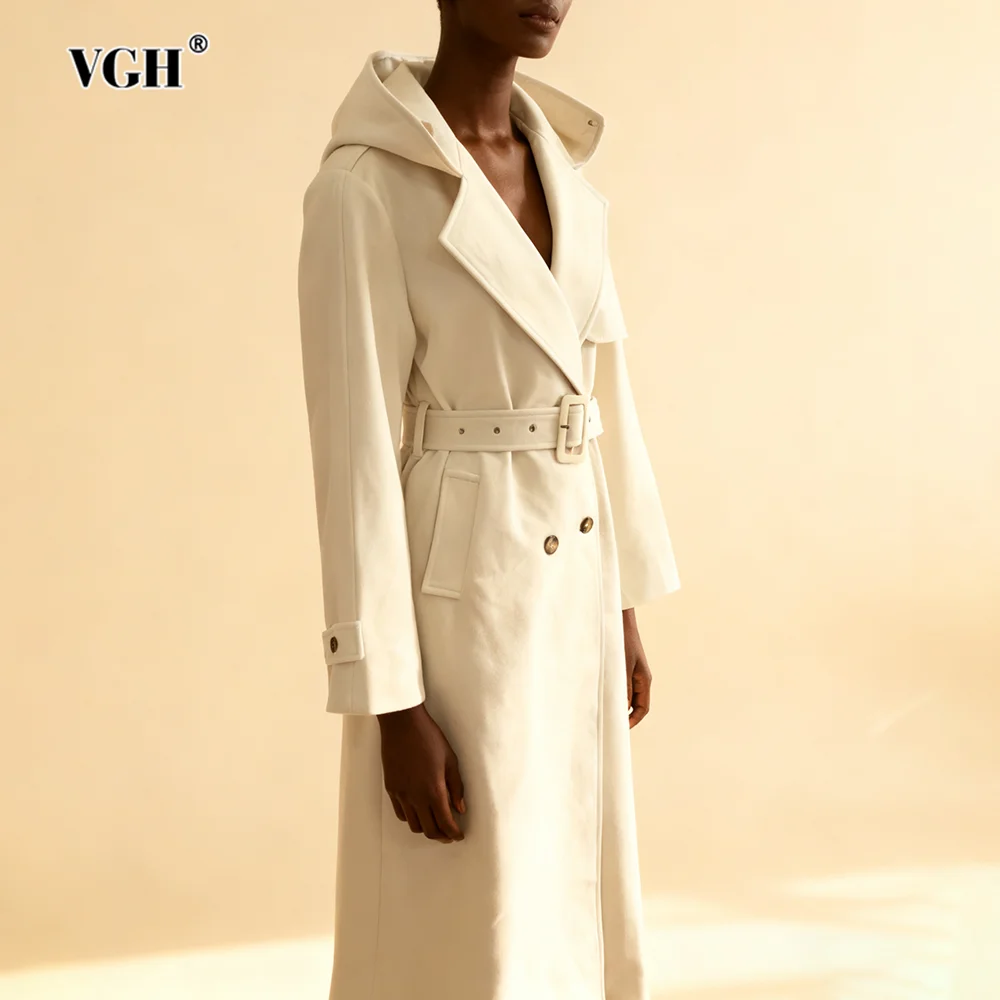 

VGH British Style Solid Slimming Windbreaker Jackets For Women Lapel Long Sleeve Lace Up Autumn Temperament Jacket Female New