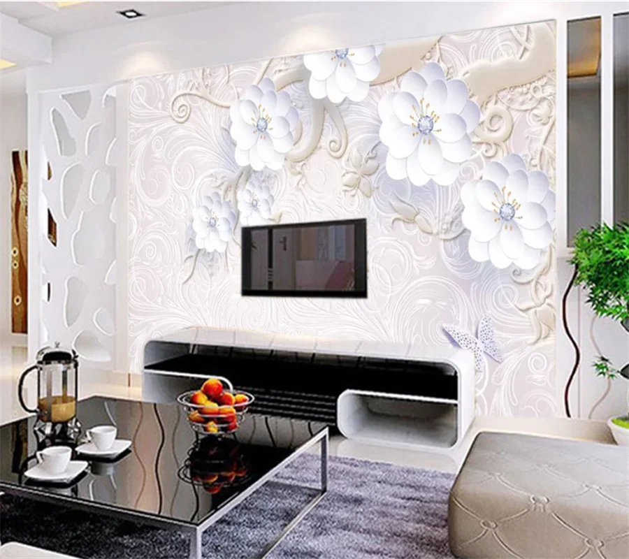 Customized large mural romantic warm embossed white flower diamond TV living room background wall mural wallpaper