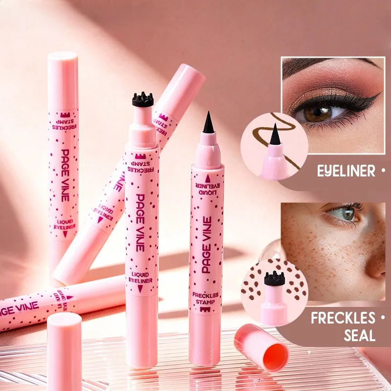 2 in 1 Freckles Stamp & Eyeliner Pen Waterproof Long Lasting Natural Freckle Makeup Tool Easy to Draw Black Liquid Eyeliner