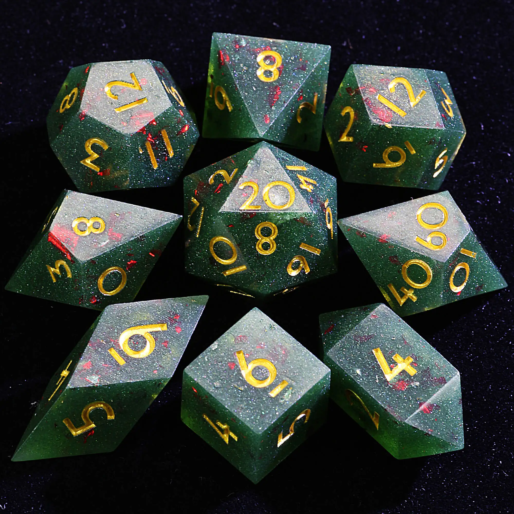 

9 Polyhedral Resin D&D Sets of Dice Jade Blood Foil