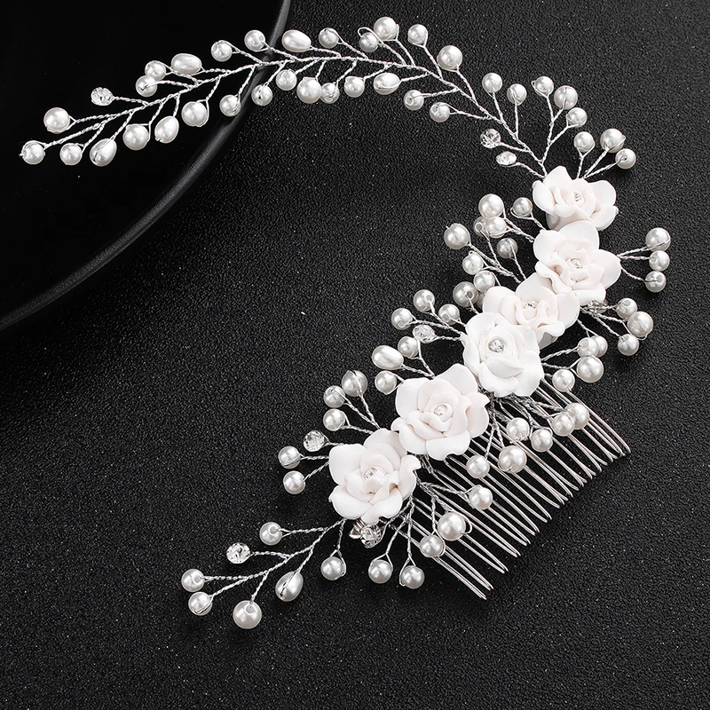 Newest White Pottery Flower Pearls Hair Combs Handmade Austrian Crystal Wedding Hair Jewelry Accessories Bride Hairpieces