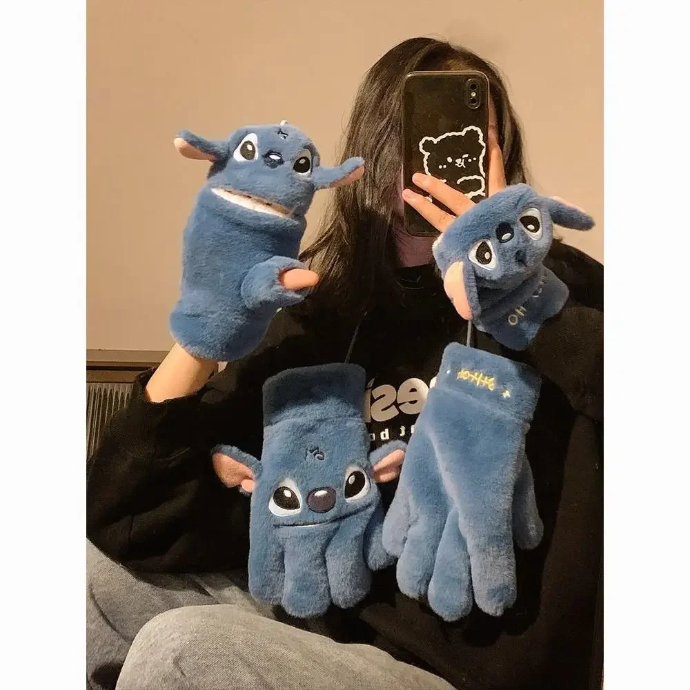 Stitch Half Finger Clamshell Plush Gloves Winter Warm and Fluffy Thick Cute Cold Gloves