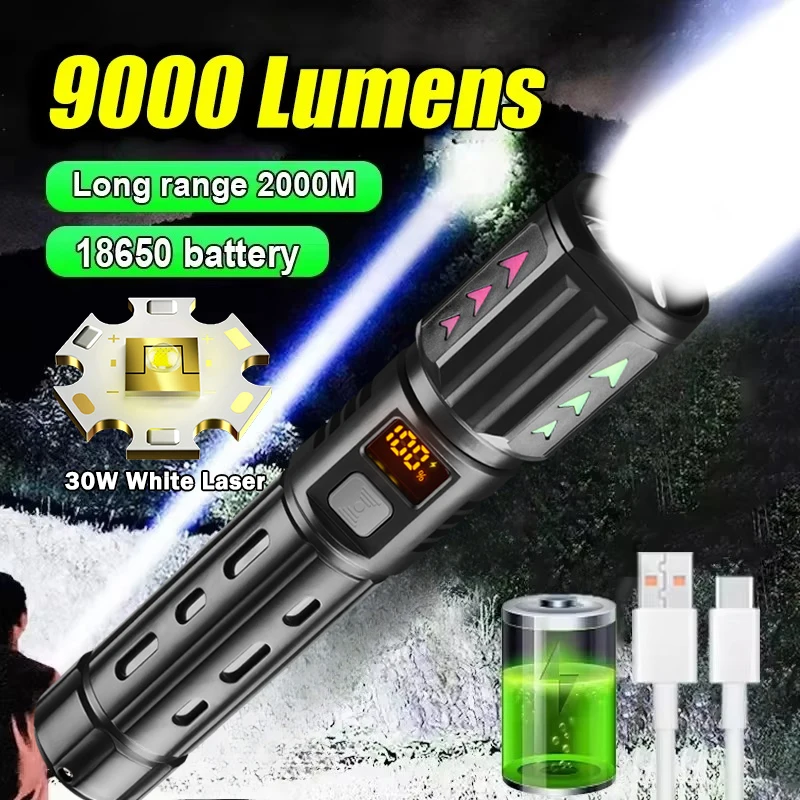 Powerful LED Flashlight Battery Display Type C Rechargeable Light Telescopic Zoom Torch Lamp Outdoor Camping Fishing Lantern