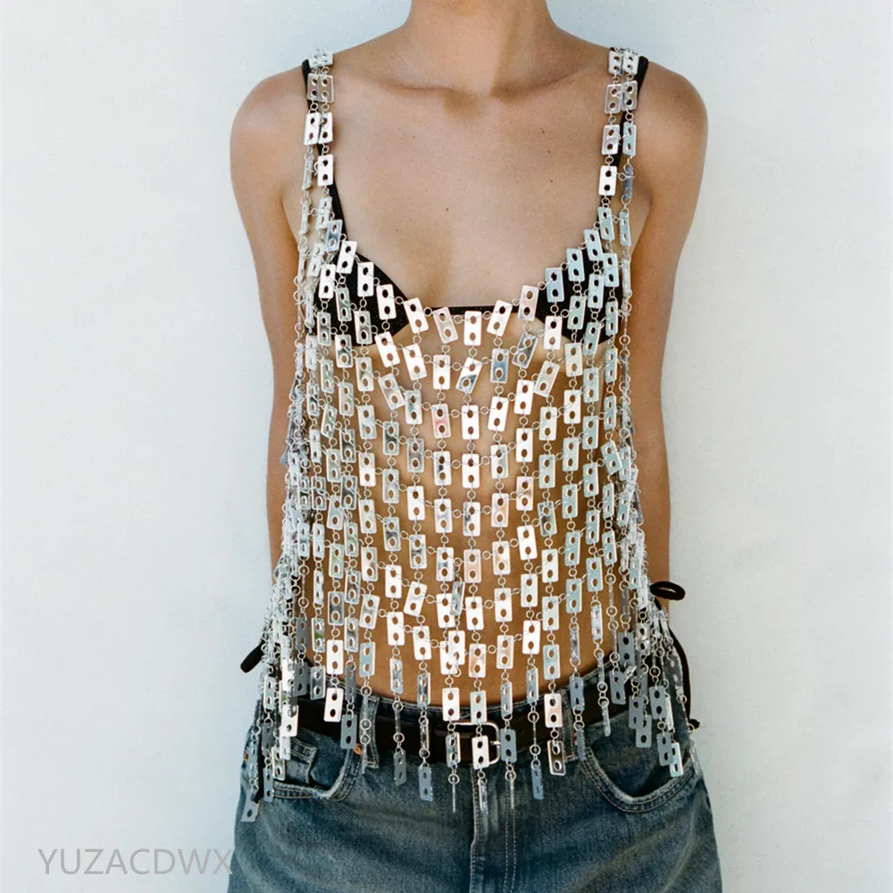 Women Hollow Ou Vest Metal Body Chain Sequin Bling Holiday Nightclub Party Tank top  Beachwear sexy tops 2025 summer y2k clothes