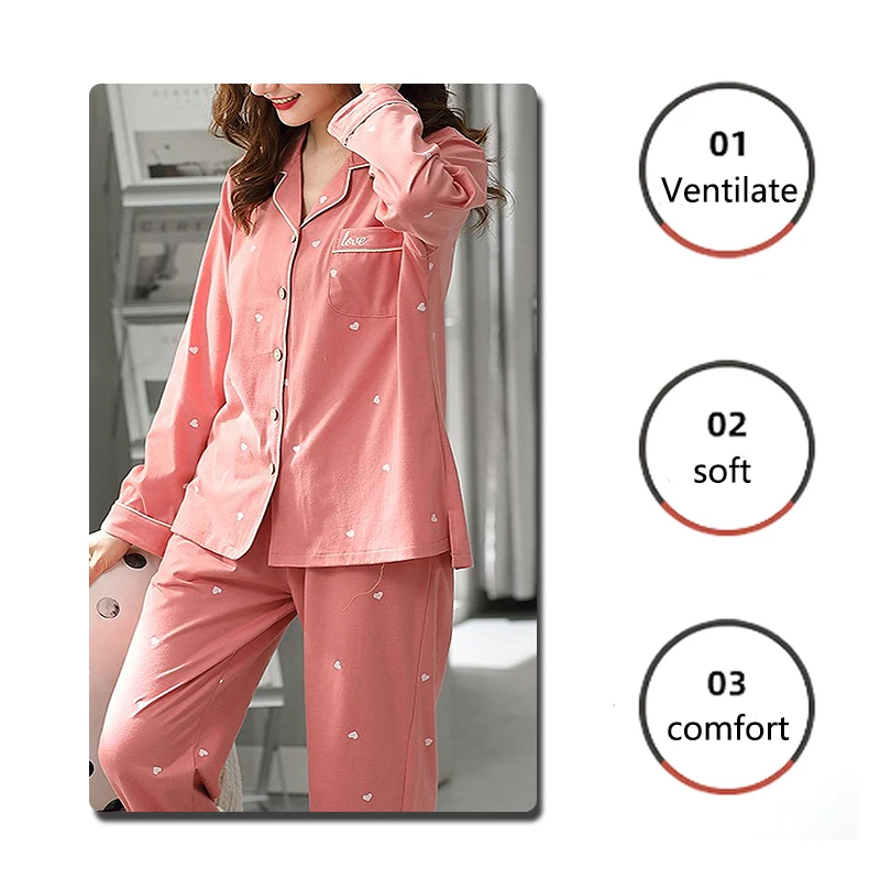 High Quality Large Size Women Cotton Pajamas Button down Tops and Trousers Set Sleepwear Homewear Printing Nightwear Loungewear