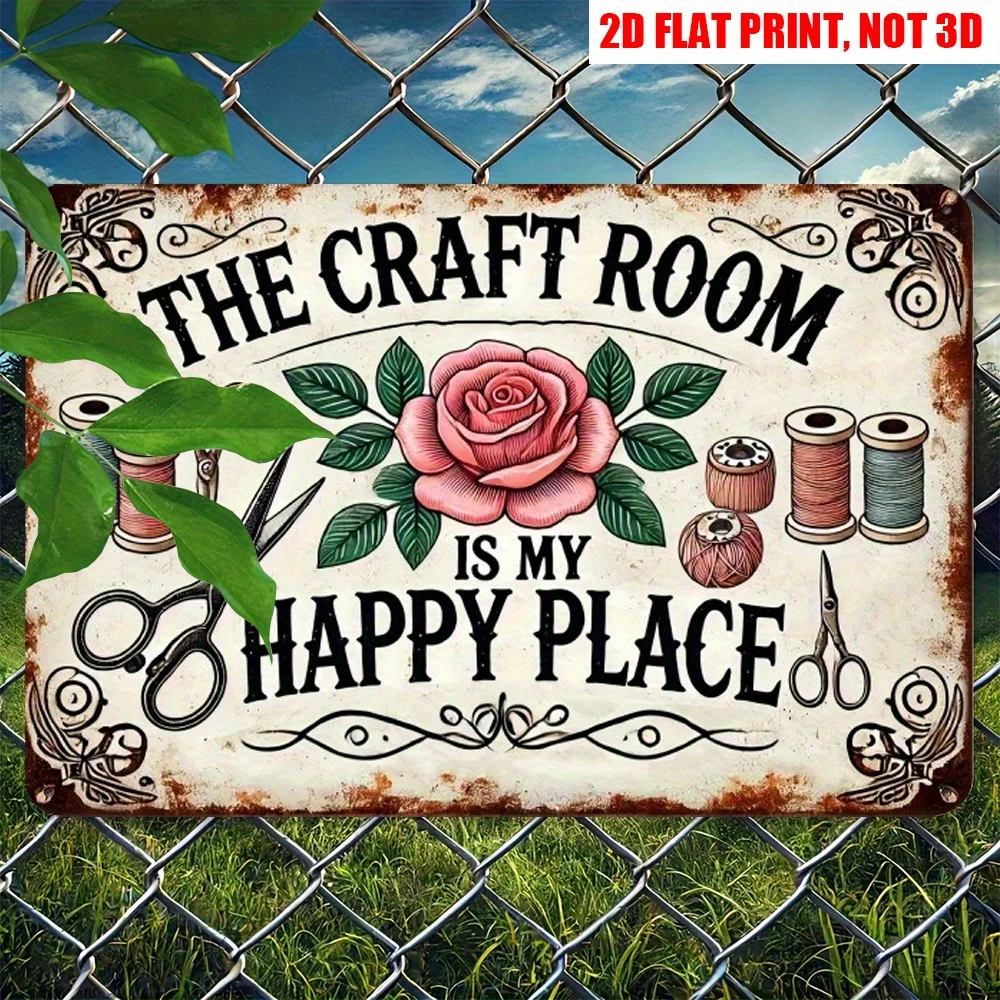 شعار معدني مسطح ريترو ستوديو ثنائي الأبعاد، 12 * 8 بوصة تأثيرات بصرية ملونة لوحة زخرفية مع مقص، مخطوطات، توضيح زهور