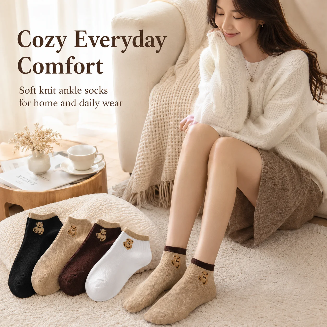 Cute Teddy Bear Socks 5 Pairs Cotton Multi-color Crew Socks for Women Girls Teens