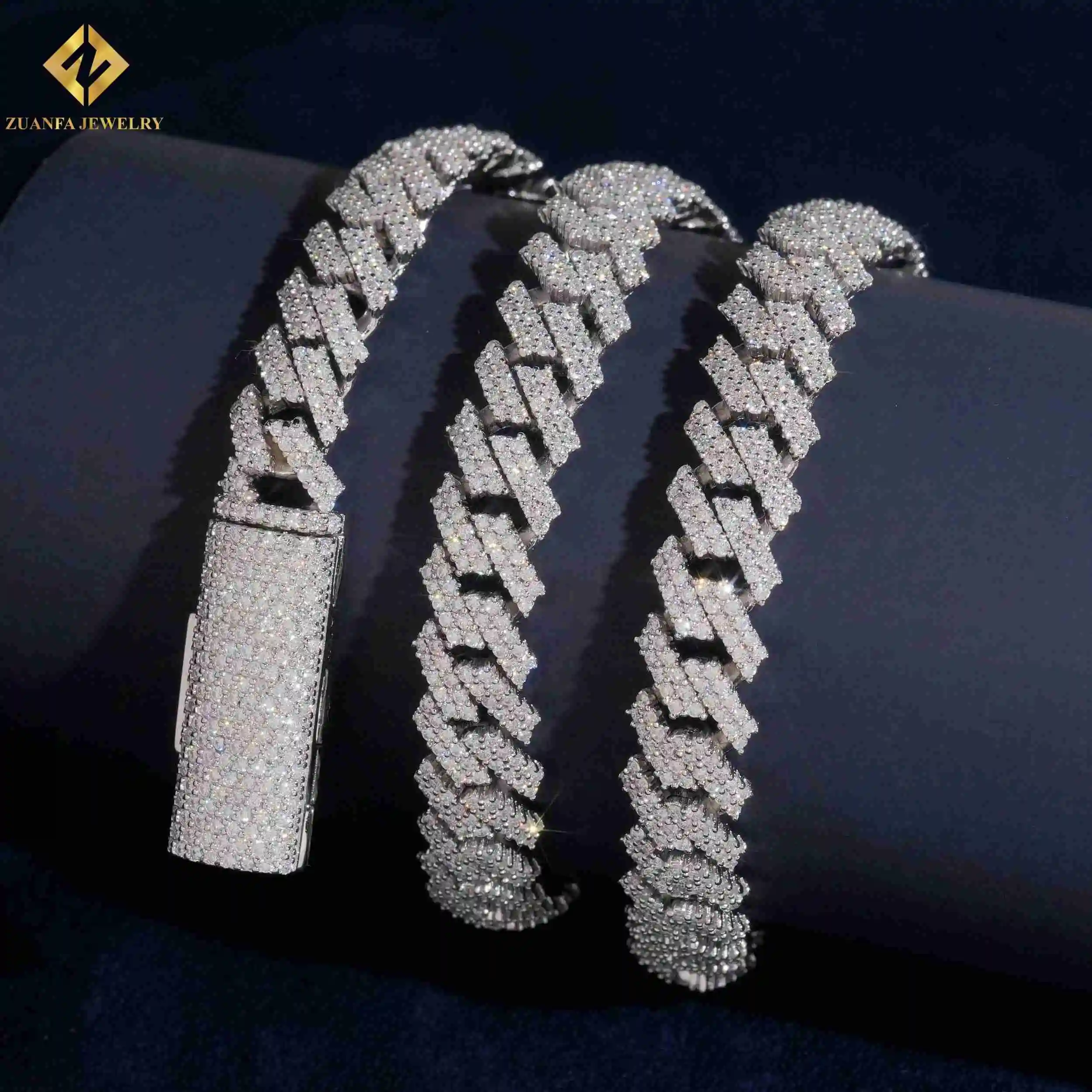 JEWELRY ZUANFA Men's Rhodium Plated 925 Silver Moissanite Blade Chain Necklace Geometric Baguette Cut Luxury Hip Hop Style..