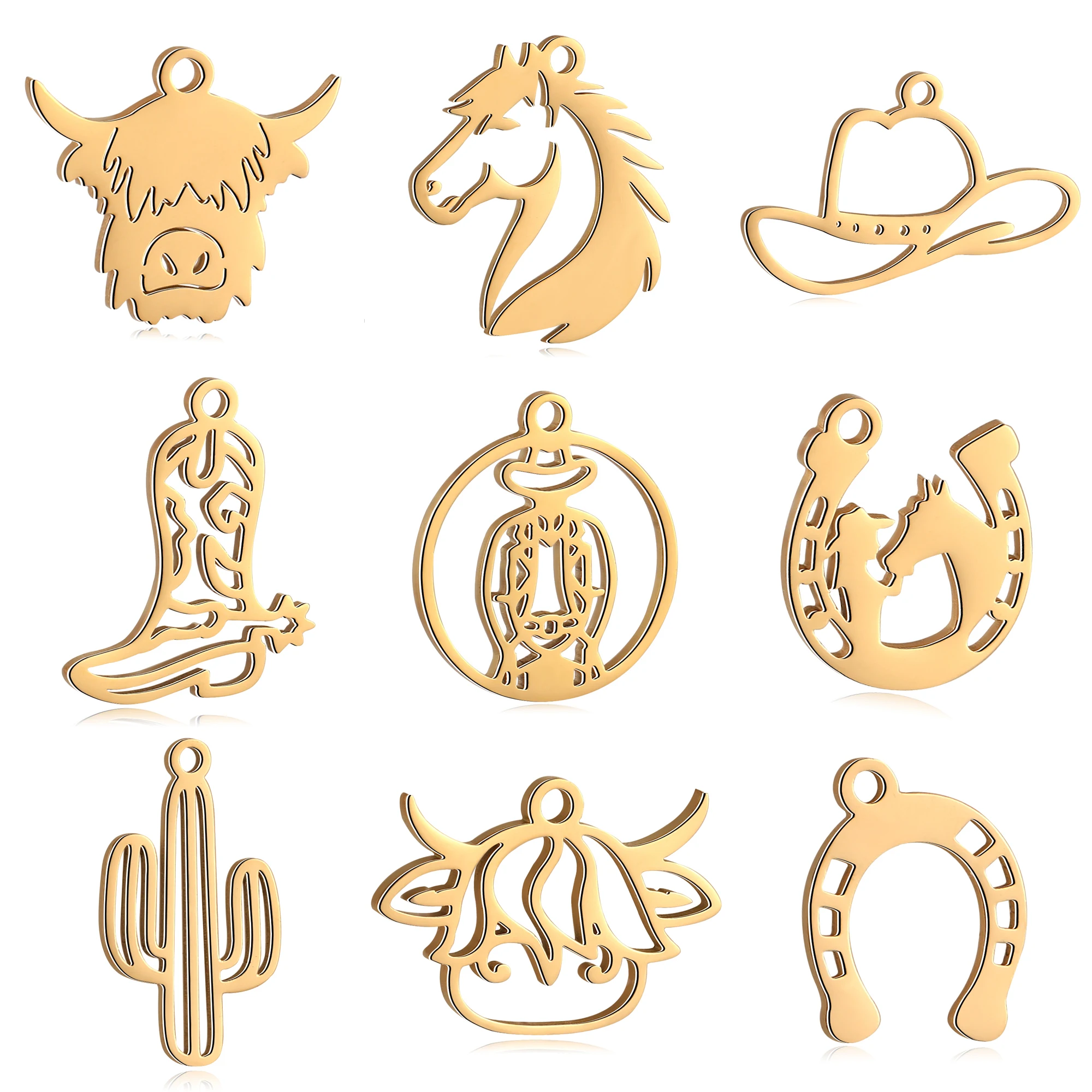 5Pcs Horse/Hat/Horseshoe/Cactus/Boot Charms Stainless Steel Western Cowboy Pendants DIY Bracelet Necklace Crafts Jewelry Making