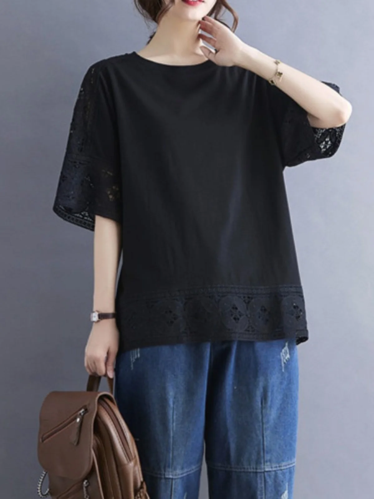 

Женская свободная дышащая круглая футболка Lace Splice Hollow out ort Sve Top, тонкая летняя женская футболка Faion