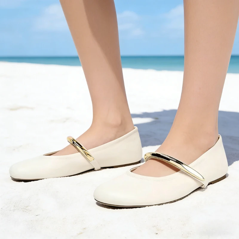 

Comfortable Soft-Leather Ballet Flats Women Luxury Metal Decoration Designer Shoes Fashion Round-Toe Soft-soled Mary Jane Shoes